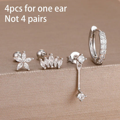 4PCS Stainless Steel Circle Huggie Hoop Earrings Set for Women Gold Color Unique Zircon Flower Stud Earring Piercing Jewelry