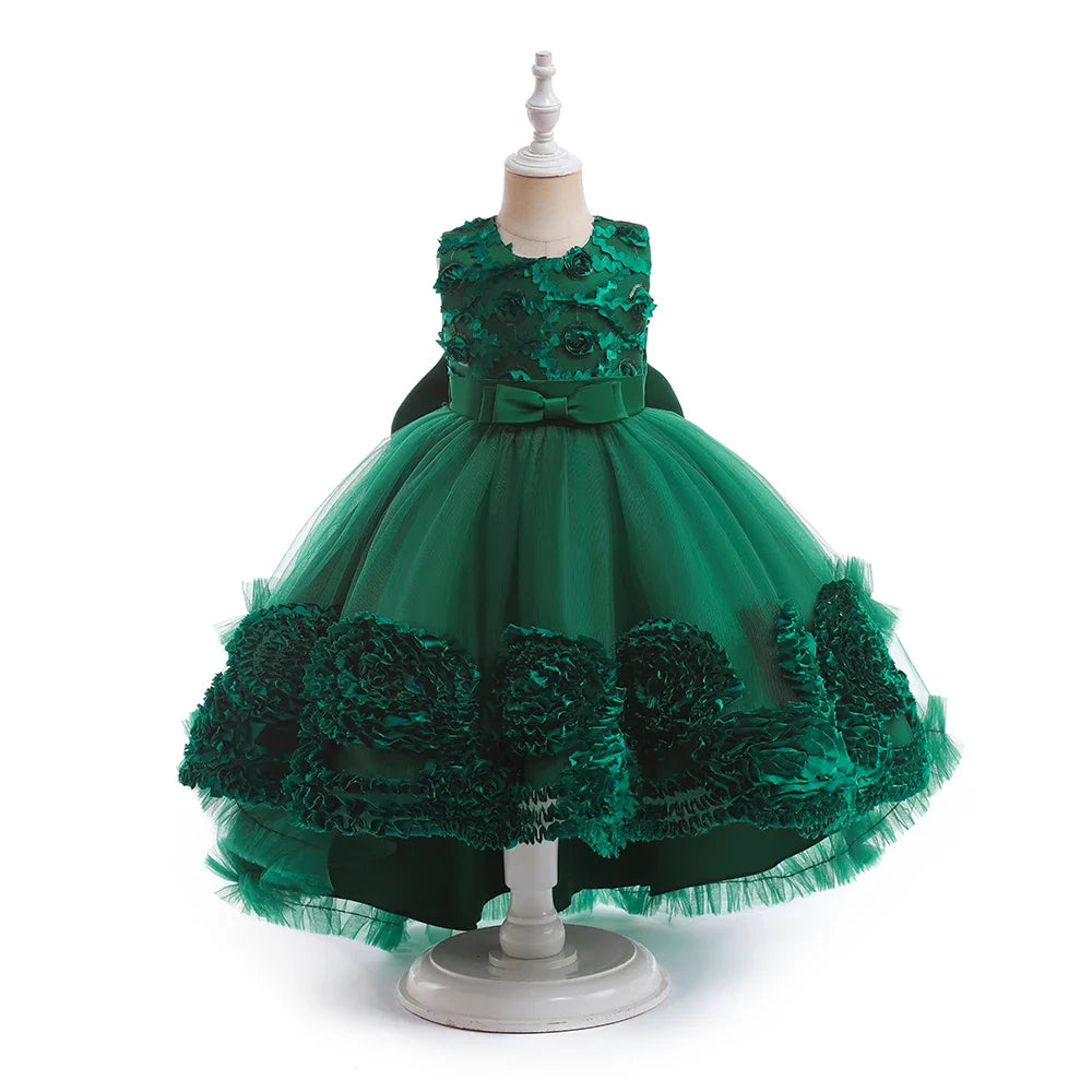 Summer Flower Party Girls Dress Christmas Costume Tulle Trailing Bridesmaid Princess Kids Dresses for Girl Wedding Birthday Gown