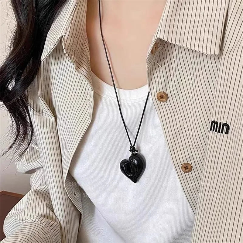 Heart Pendant Necklace for Women Men 85CM Adjustable Pull-out Sweater Chain Fashion Jewelry Accessory Gift
