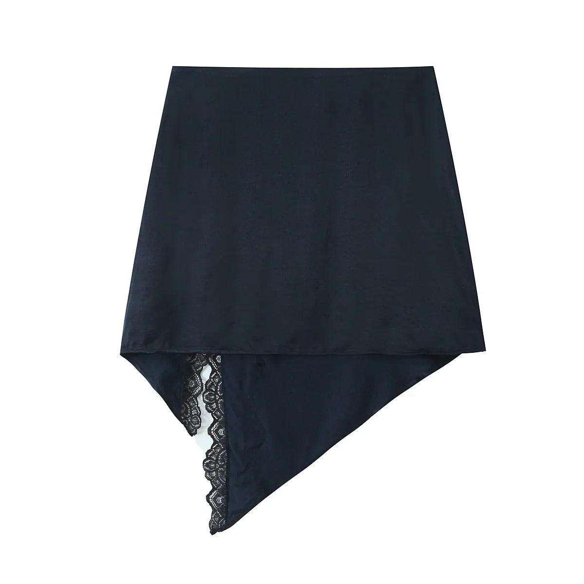 Women Satin Mini Skirt with Lace Spring Summer Mid Waist Women's Asymmetric Hem Skirt Side zip Women's Chic Skirts
