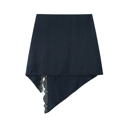 Women Satin Mini Skirt with Lace Spring Summer Mid Waist Women's Asymmetric Hem Skirt Side zip Women's Chic Skirts