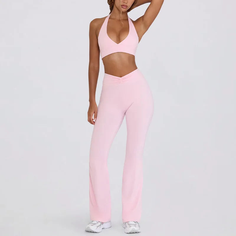 Women's Yoga Suits Camisole Backless Nude Beautiful Back Neck Hanging Bra Flared Pants Fitness Set
