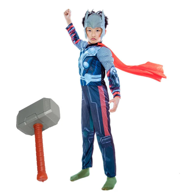 Kids Thor Superhero Cape Costume with Mask Jumpsuit for Halloween Cosplay Party Boys Girls Holiday Dress Up with Plastic Hammer