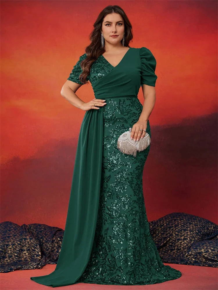 Plus Size Elegant Short Sleeve Sequins Formal Evening Dresses Women Luxury Mermaid Wedding Party Bridesmaid Gowns