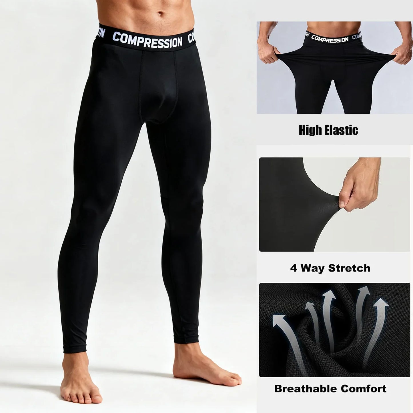 Men's Compression Leggings High Elastic Quick Dry Breathable Sports Base Layer for Gym Running Basketball Workout