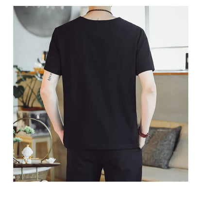 (Shirt + trousers) 2025 summer Chinese Style men shirt Cotton and linen shirts men's High quality casual shirts Two Piece M-5XL
