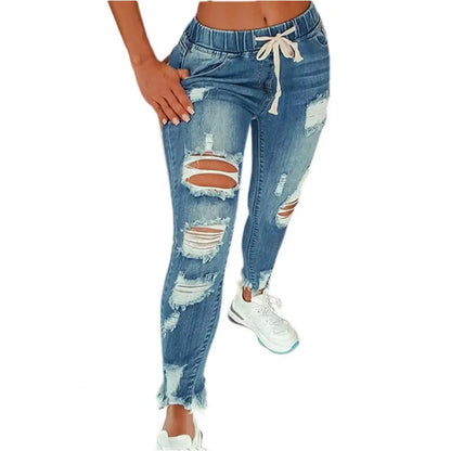 Stretchy Ripped Hole Jeans Women Straight Denim Trousers