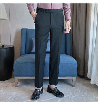 Men's Wool Blend Dress Pants, Elastic Waist Business Trousers, Tapered Slim Fit, Charcoal Gray Black Navy