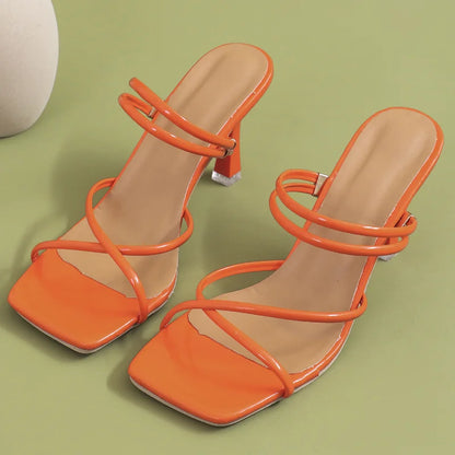 Women's Pumps Summer Womens Sandals Elegant Female Slippers Square Toe Clip-toe High Heel Slippers 2025 New Sandalias Femininas