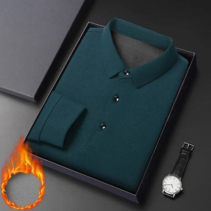 Waffle Fleece Thicken Fashion Polo Shirt Men Winter Warm Plush Business T-Shirt Tops Male Casual Button Lapel Long Sleeve Shirts
