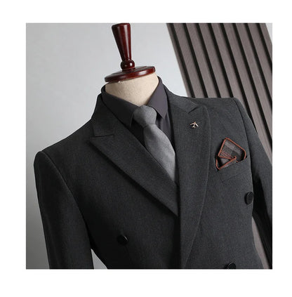 Man Suit Outfit Double-breasted Blazer Men V-neck Vest Straight-leg Pant Male Slim Business Wedding Three-piece Set