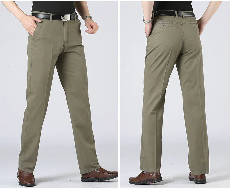 Cotton Pants Men's Straight Leisure Business Trousers Solid Autumn Winter Chinos Belted Pants Dad Elderly Formal Trousers
