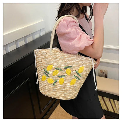Embroidery Fruit Solid Color Shoulder Bag Straw Woven Hollow Versatile 2025 High Quality Bags for Women New Beach Handbags
