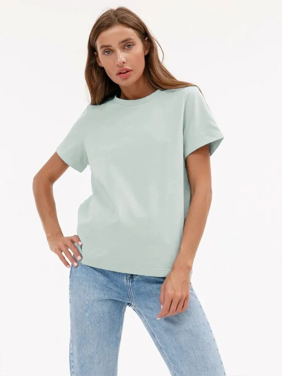 Summer 100% Cotton Women's T-shirt Bottoming Basic Fashionable Solid Lady Short Sleeve Loose Tops Shirts 230g/㎡ Tops