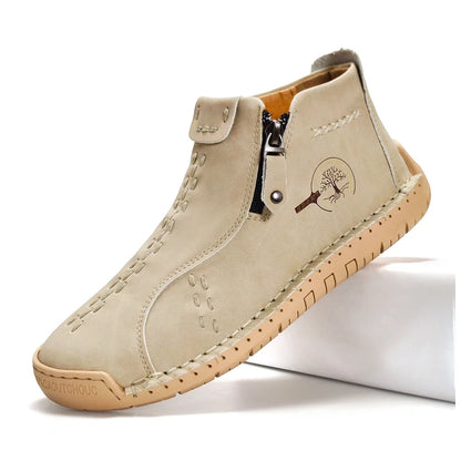 Sapatos Masculinos Clássicos de Couro Feitos à Mão, Design com Zíper, Tênis Esportivos para o Ar Livre, Sapatos Casuais Respiráveis com Elástico, Botas Masculinas de Couro no Tornozelo