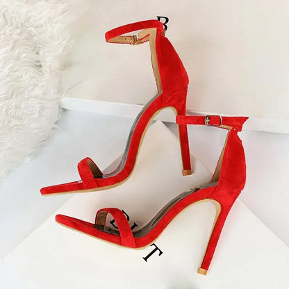 Women Gladiator Stiletto Classic Ankle Strap Holiday Beach Sandals Lady Fashion Suede 8cm 11cm High Heels Sexy Red Brown Sandles