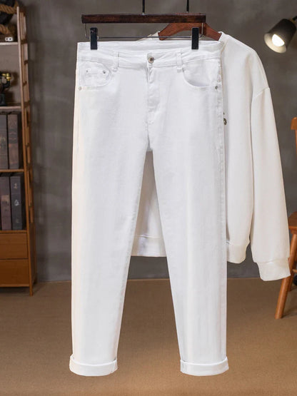 Spring Summer White Slim Fit Jeans Men Casual Thin Straight Leg Stretch Denim Pants Solid Color Streetwear Daily Wear Trousers
