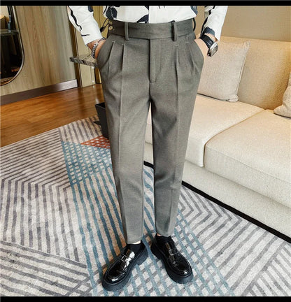 Men's Slim Fit Naples Business Casual Trousers Made of Autumn and Winter Wool, Thickened for Warmth, Classic Ankle-length Pants.