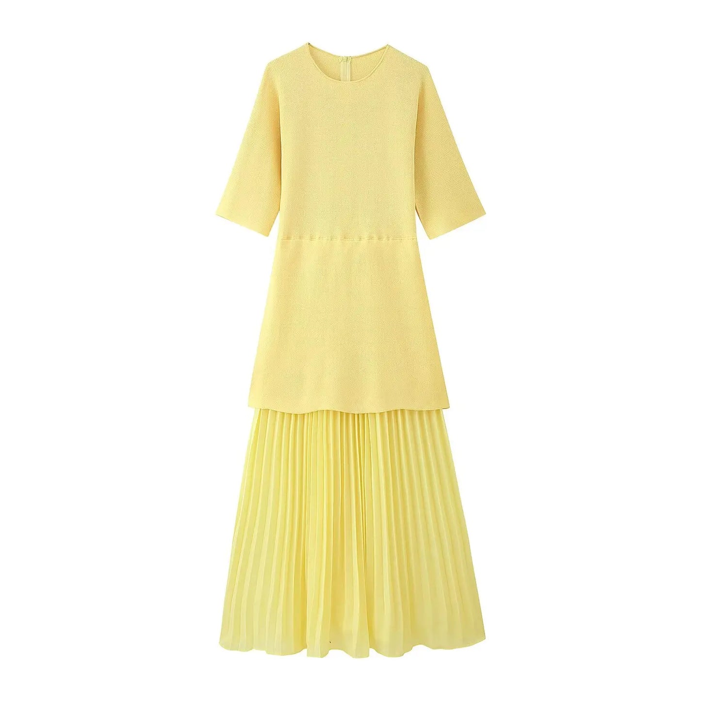 Women Elegant Half Sleeves O-Collar Pleated Dress Spring Woman Rear Zipper Splicing Vintage Casual Knitted Long Dress