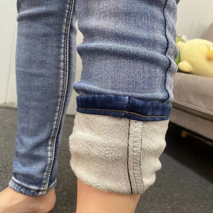 Women Thermal Jeans Winter Snow Warm Plush Stretch Jeans Lady Skinny Thicken Fleece Denim Long Pants Retro Blue Pencil Trousers