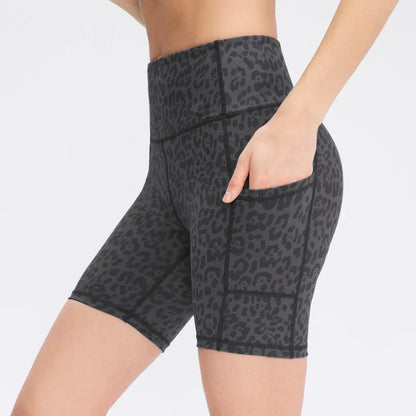 Women's printed nude yoga shorts with pockets skin-friendly tight stretch quick-drying sports fitness hiking running shorts