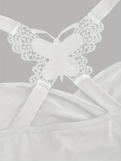 New European and American women's pleated suspenders butterfly lace cross vest in spring and summer of 2024