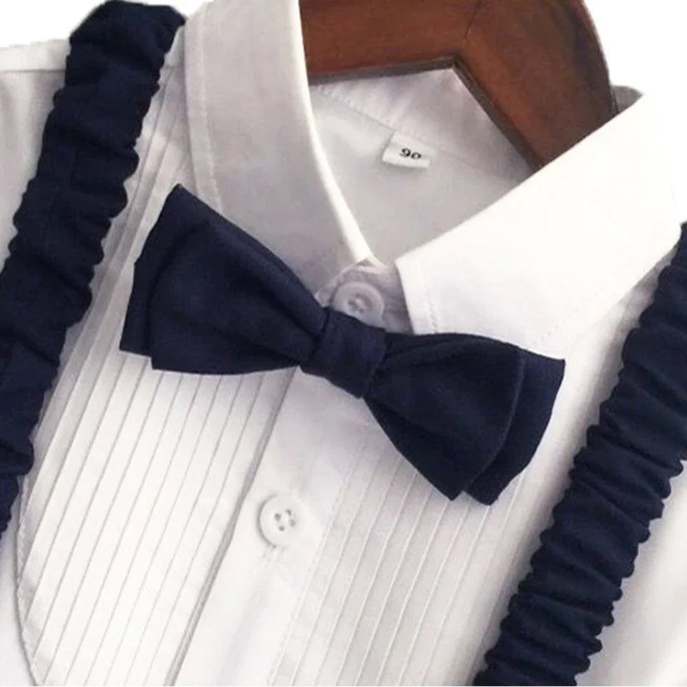 Summer Children's Clothing Short Sleeve Lapel Wrinkle Shirt with Solid Overalls Boy Gentleman Wedding Costume Cotton Kid Suit