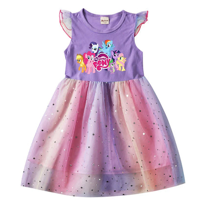 My Little Pony Baby Girls Dress Children Cartoon Mesh Star Sequins Princess Dress Kids Flying Sleeve Skirt For Daily Gift