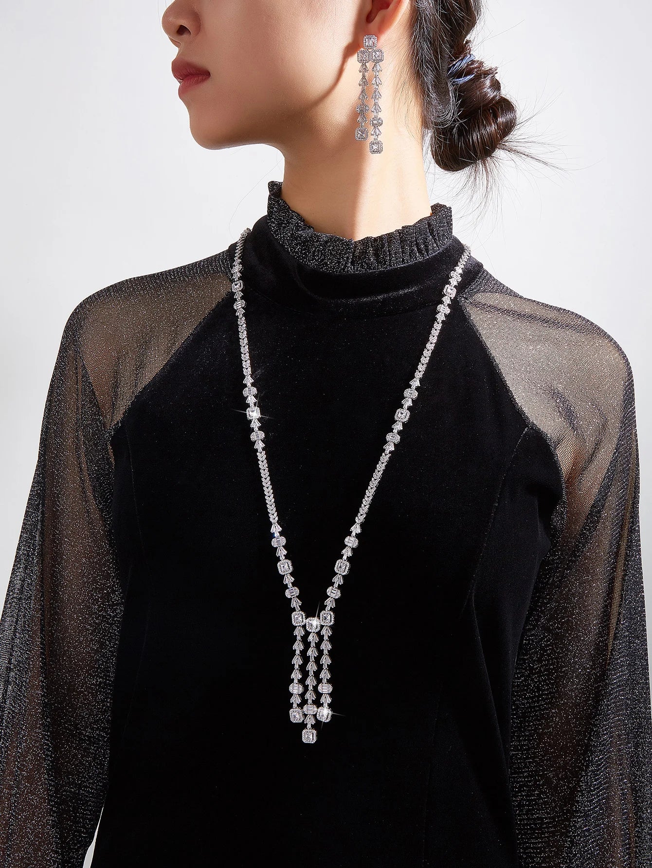 Trendy Sweater Cubic Zircon Long Chian Necklace Jewelry Sets for Women Party Luxury Wedding Bridal Jewellery Accessories