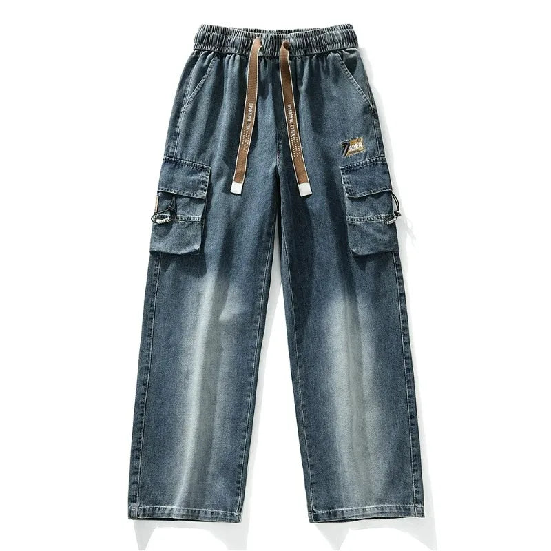 Summer Men's Straight Jeans Multi-Pockets Wide Leg Denim Cargo Pants 8XL 7XL 6XL Big Size Lightweight Baggy Solid Jeans Trousers