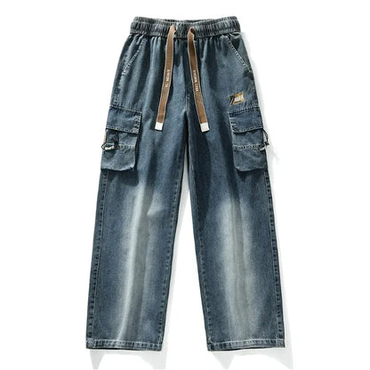 Summer Men's Straight Jeans Multi-Pockets Wide Leg Denim Cargo Pants 8XL 7XL 6XL Big Size Lightweight Baggy Solid Jeans Trousers