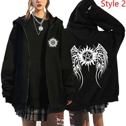 New Supernatural Printed Zipper Hooded Fashion Women Men Sweatshirt Casual Sport Hoodie Personality Zipper Long Sleeve Coat