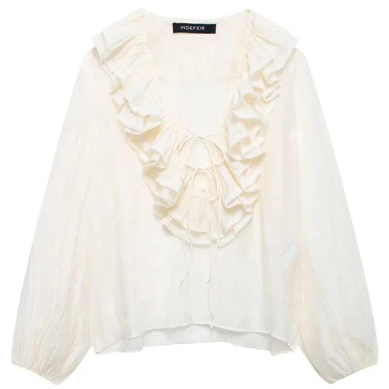 Woman 2025 Oversized Frill Blouse Spring Shirts & Blouses See-Through Chiffon Long Sleeve Top Layered Plus Size Shirts 066