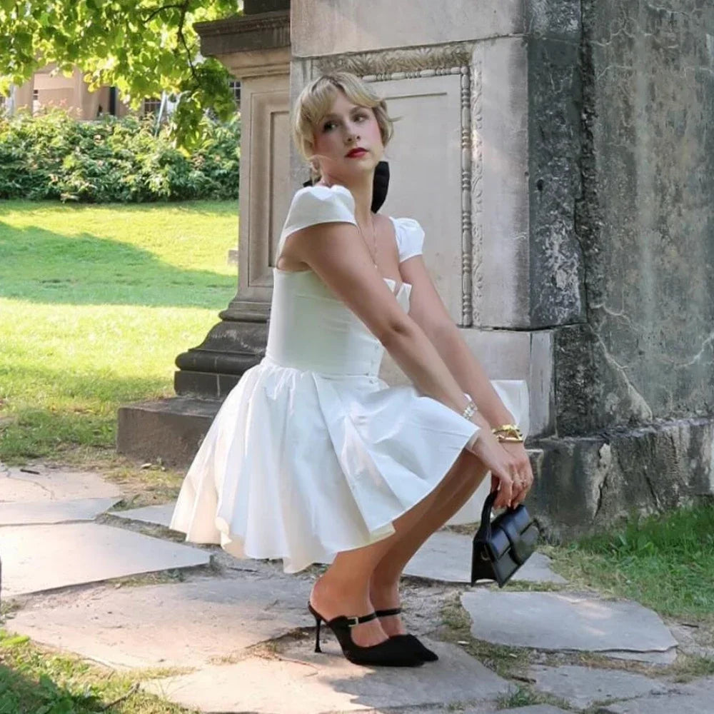 White Sexy Party Dresses 2024 New Arrivals V Neck Cape Sleeve Dress Mini Casual Birthday Fluffy Skirt Dress