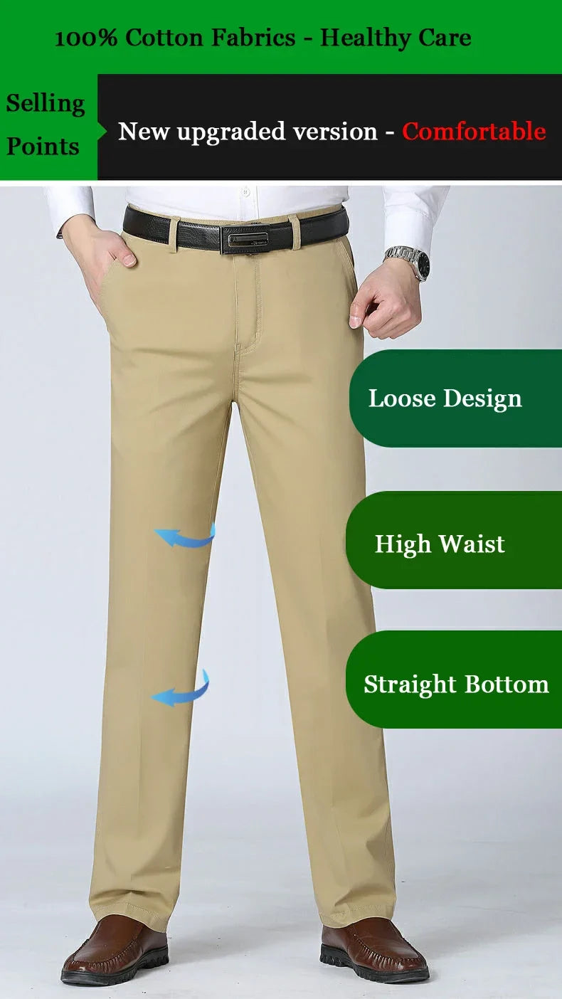 100% Cotton Spring Summer Middle-aged Cargo Trousers Men's Straight Slacks High Waists Thin Thick Breathable Male Suit Pants