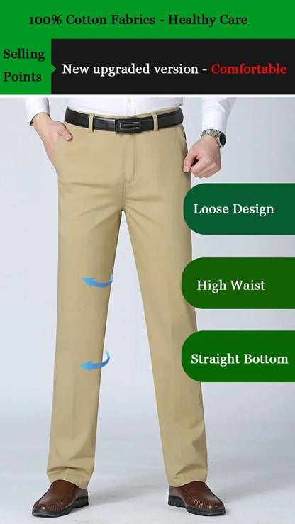 100% Cotton Spring Summer Middle-aged Cargo Trousers Men's Straight Slacks High Waists Thin Thick Breathable Male Suit Pants