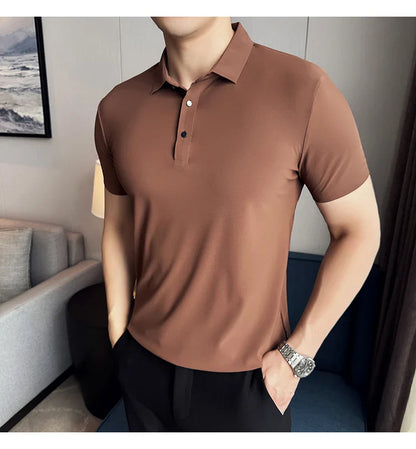 Ice Silk High Elastic Seamless T-shirt ,Summer Thin Polo Shirt, Solid Color Polo Collar Short Sleeve Brown Top, Business Leisure