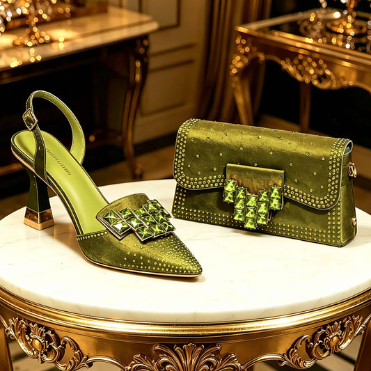 2026 INS Italian Design Olive Green Rhinestone Pointed-Toe Women’s High Heels with Matching Bag Set for Parties and Weddings