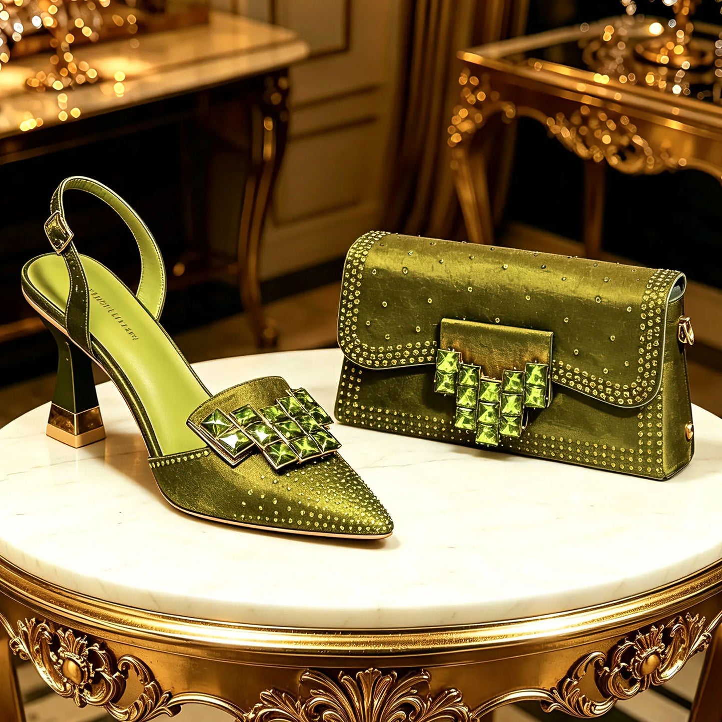 2026 INS Italian Design Olive Green Rhinestone Pointed-Toe Women’s High Heels with Matching Bag Set for Parties and Weddings