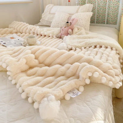 Solid Color Striped Fluffy Blanket Milk Velvet Soft Blanket with Cute Pompoms 3D Stereo Craft Travel Warm Bedding All Season