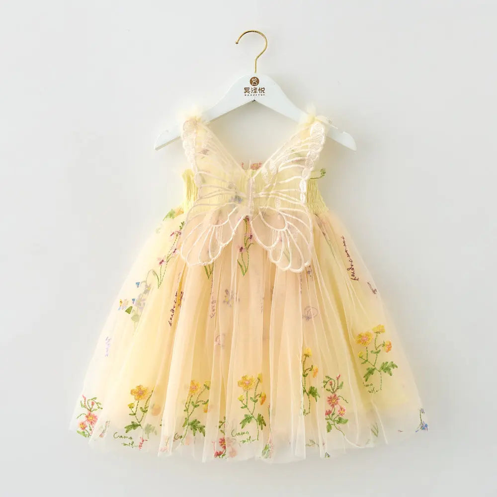 Girls Princess Dress with 3D Wings - Sparkle Tulle Sleeveless Gown, Fairy Puffy Party Dress for Birthday & Holiday