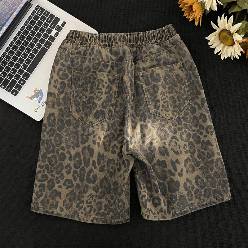 Men Leopard Denim Shorts Summer Thin American High Street Drawstring Casual Pants Loose Popular Versatile Handsome Trousers