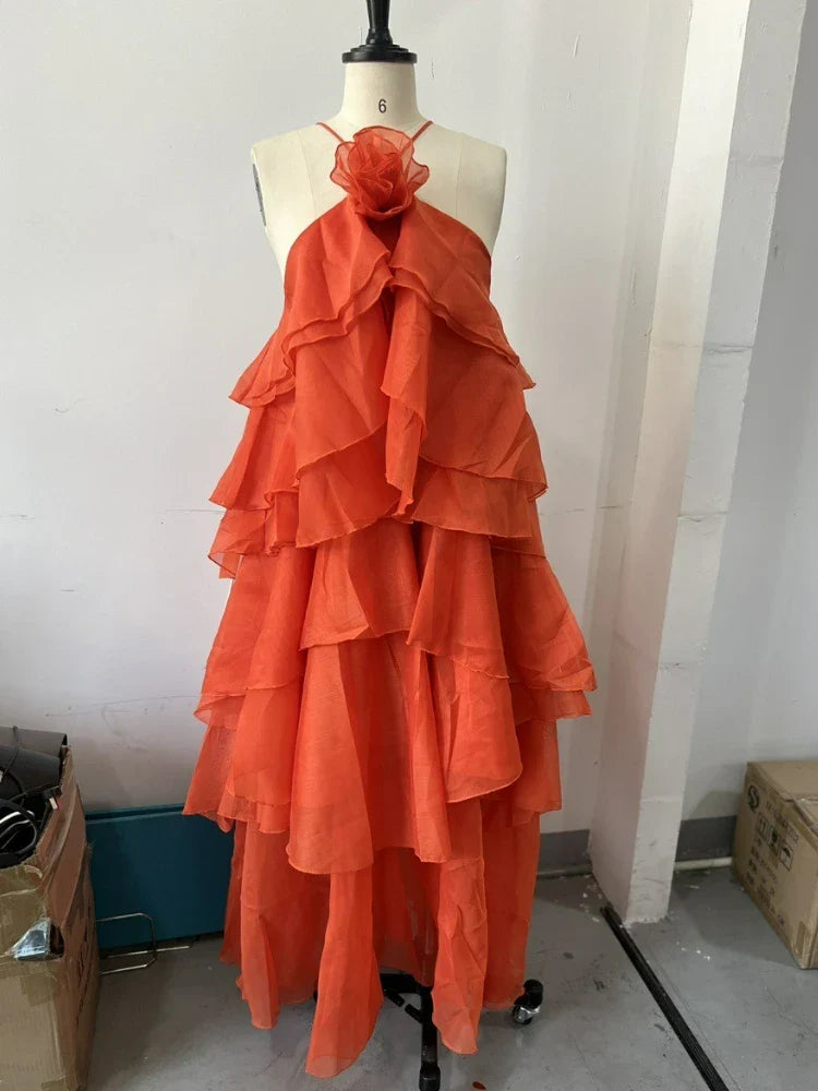 3d Floral Maxi Dress Loose Pleated Hem Halter Robes Sleeveless Ruffles Edge Party Vestidos Lady Summer Gown Clothes