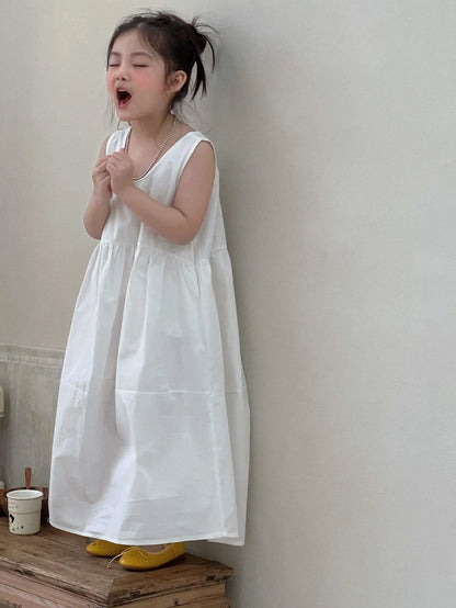 Summer White Vest Dress for Kids Girls Simple Loose Sleeveless Childrens Long Dress Cotton 2-8Y Girl Clothing Casual wear