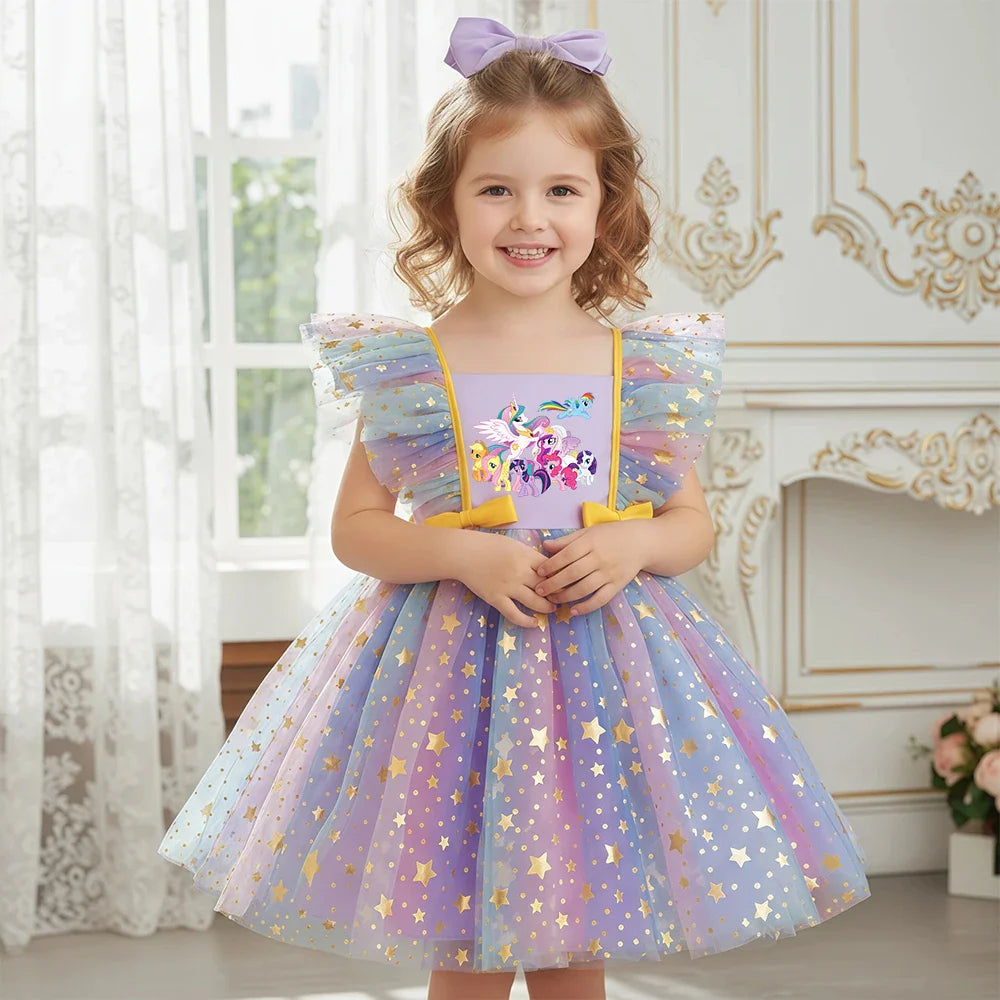 Vestido de Princesa My Little Pony para Meninas Lantejoulas Estrela Babados Laço Tutu Roupa Formal de Bebê Baile Gala Fantasia Infantil para Festas