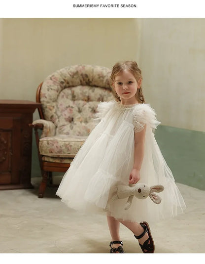 Girls Handmade Splicing Fluffy Gauze Princess Dress Summer New Foreign Dresses Party Dress for Kids Girl