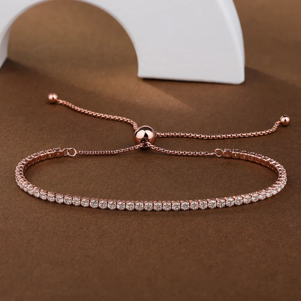 2mm Round Full Moissanite Diamond Tennis Bracelet for Women 925 Sterling Silver Plated 18K Gold Adjustable Wrist Chain Jewelry