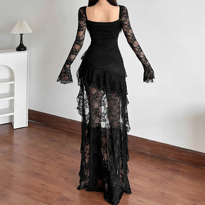 Lace Flare Sleeve Square Neck A-line Dress Sweet E-girl Irregular Long Hem Dresses Cyber Y2K Party Vestido