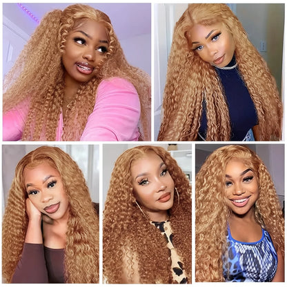 38Inch 13x6 HD Transparent Lace Front Wig Human Hair #27 Deep Wave Pre Plucked 200% Density Honey Blonde Curly Wig For Women