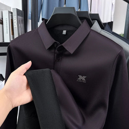 2025 Winter Men's Fashion New Collection with Velvet Long Sleeve T-shirt, Collar with Mulberry Silk and Wool Warmth POLO Sweater